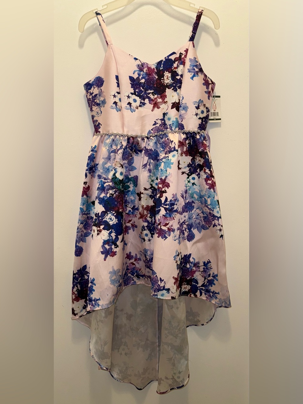 Emily Rose Pink Floral Hi-Low Dress with Blue & Purple Accents